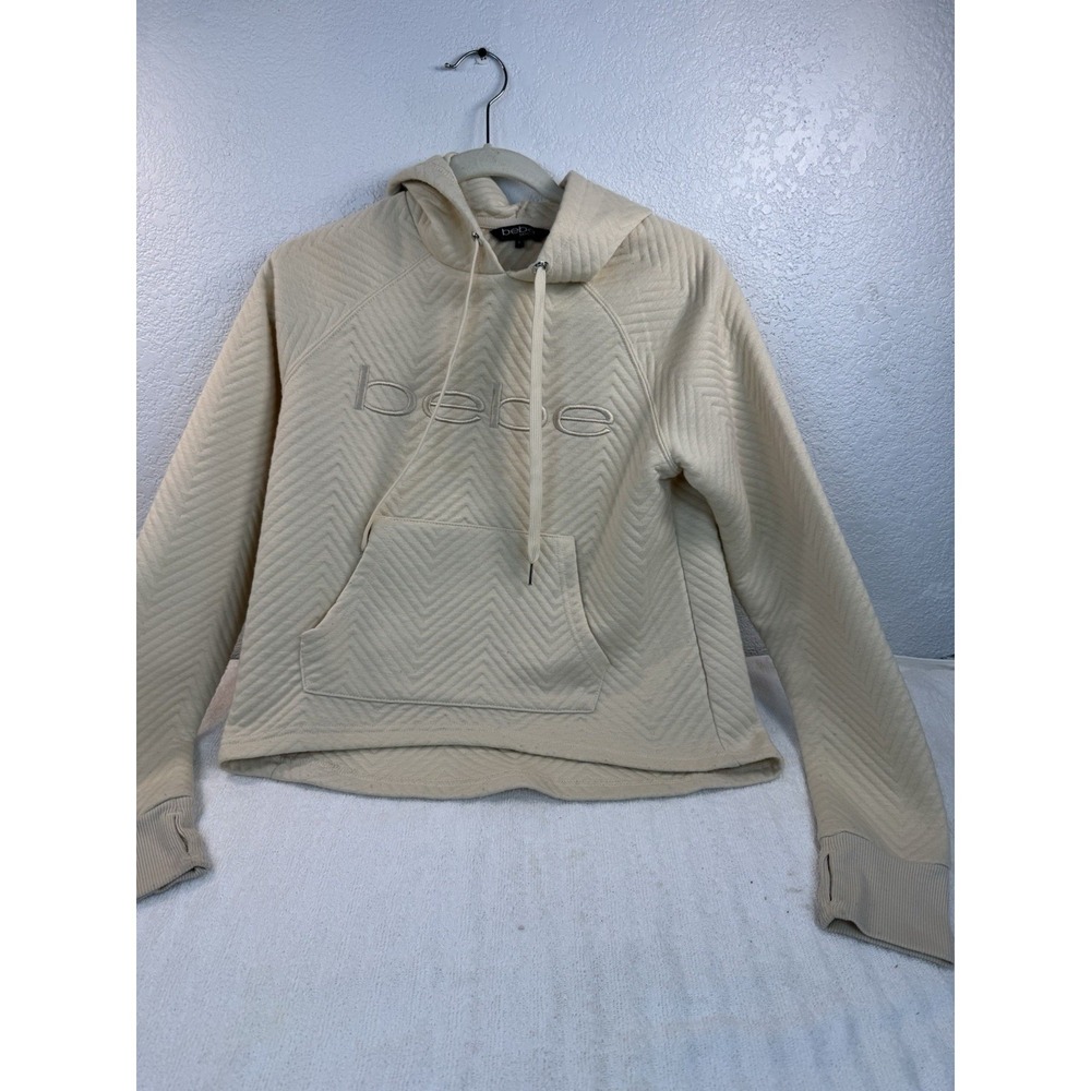Bebe Sport Hoodie Women Small Beige Quilted Pullover Logo Sweatshirt S